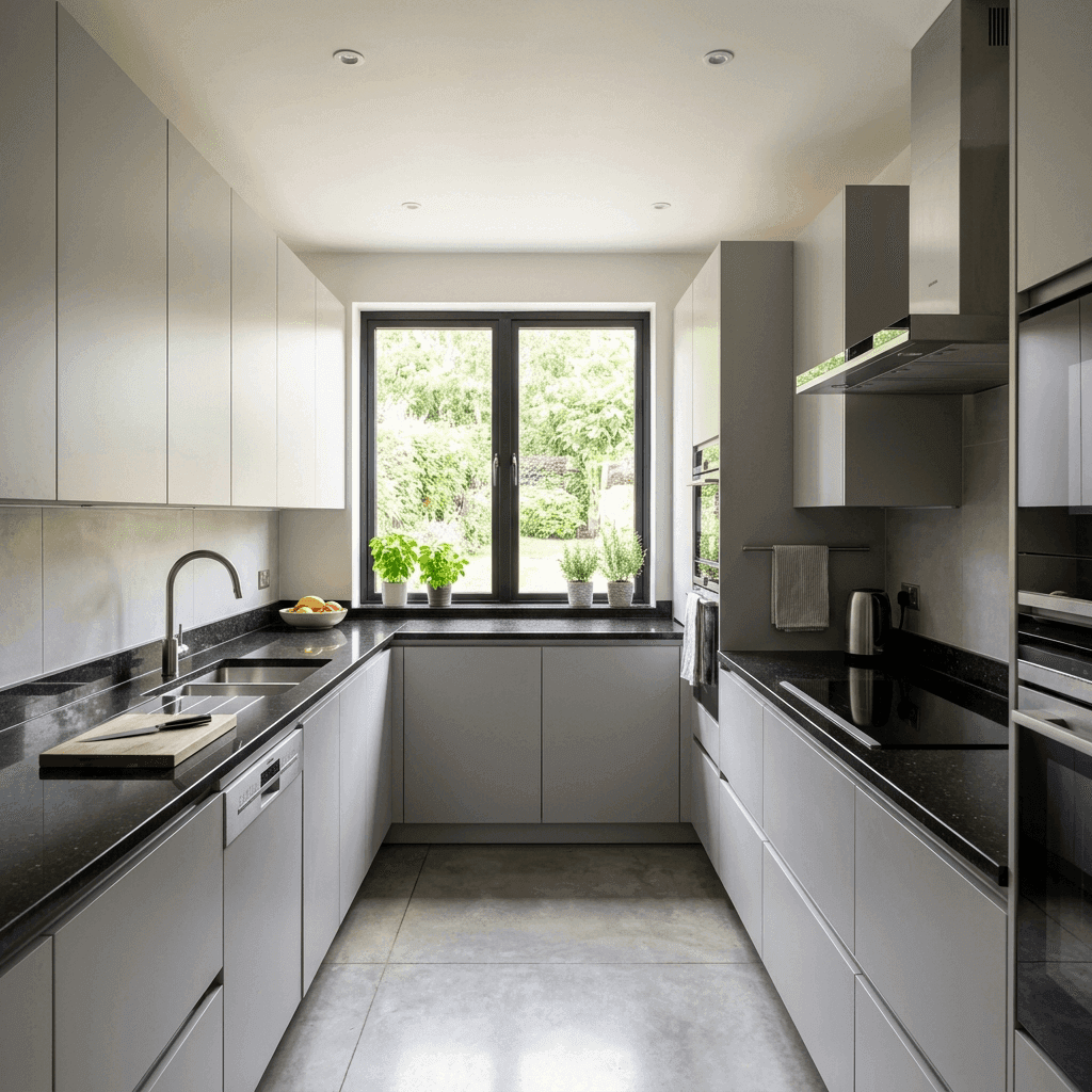 Parallel modular kitchen with matte grey finish and black countertop